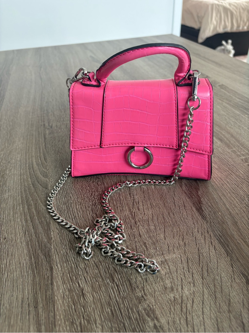 Pink Croc-Embossed Top-Handle Crossbody Bag